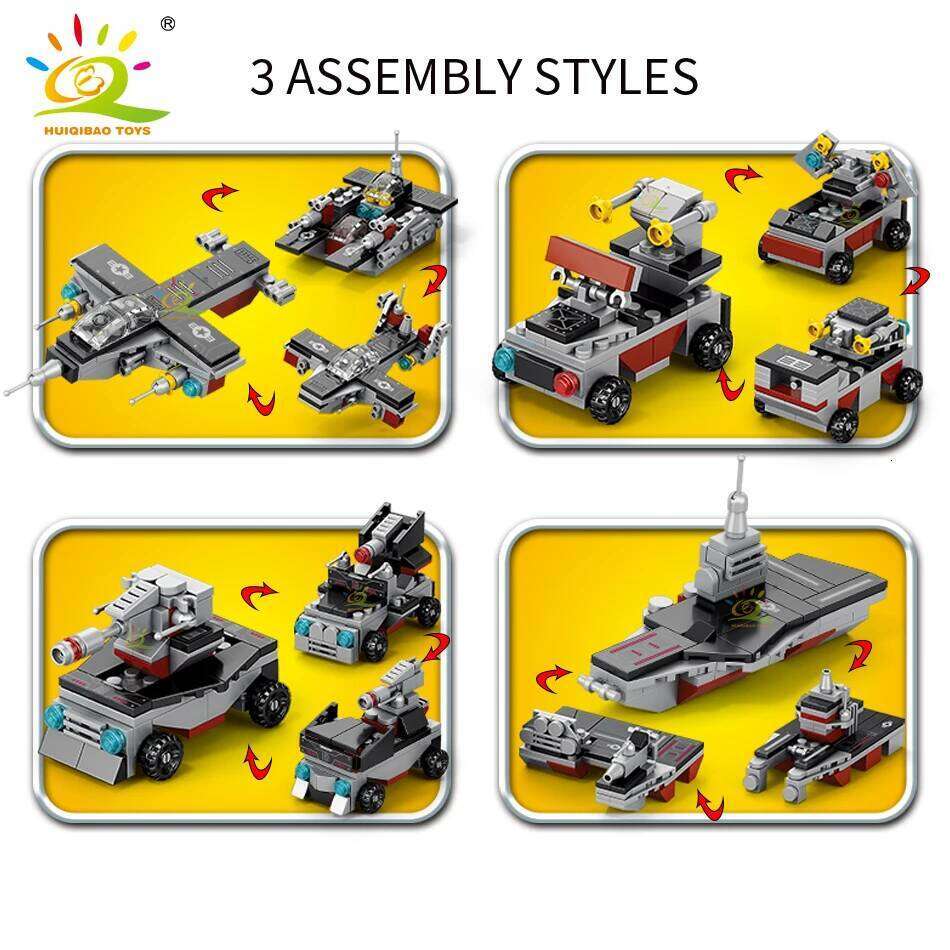 HUIQIBAO 562pcs 8in1 Military Ship Aircraft Cruiser Building Blocks Army Weapon Warship Truck Bricks City Toy for Children Gift Z260306