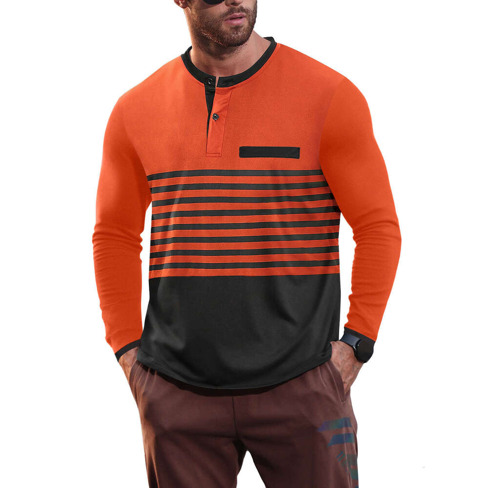 2026 Cross-Border Foreign Trade European and American Summer New Men's Long-Sleeve V-Neck Contrast Color Striped Slim Fit Business Casual T-Shirt