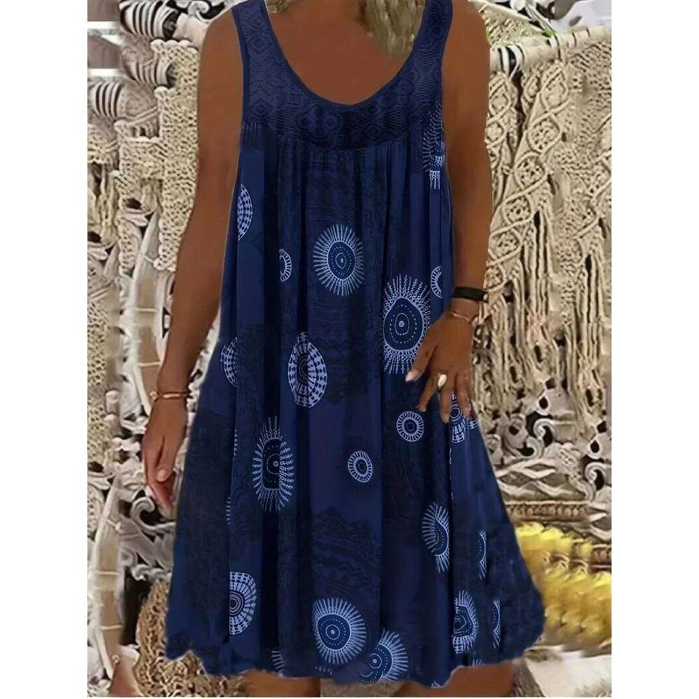 Plus Size 1XL-8XL Women's Lace Panel Printing Sleeveless Large Hem Vest Dress