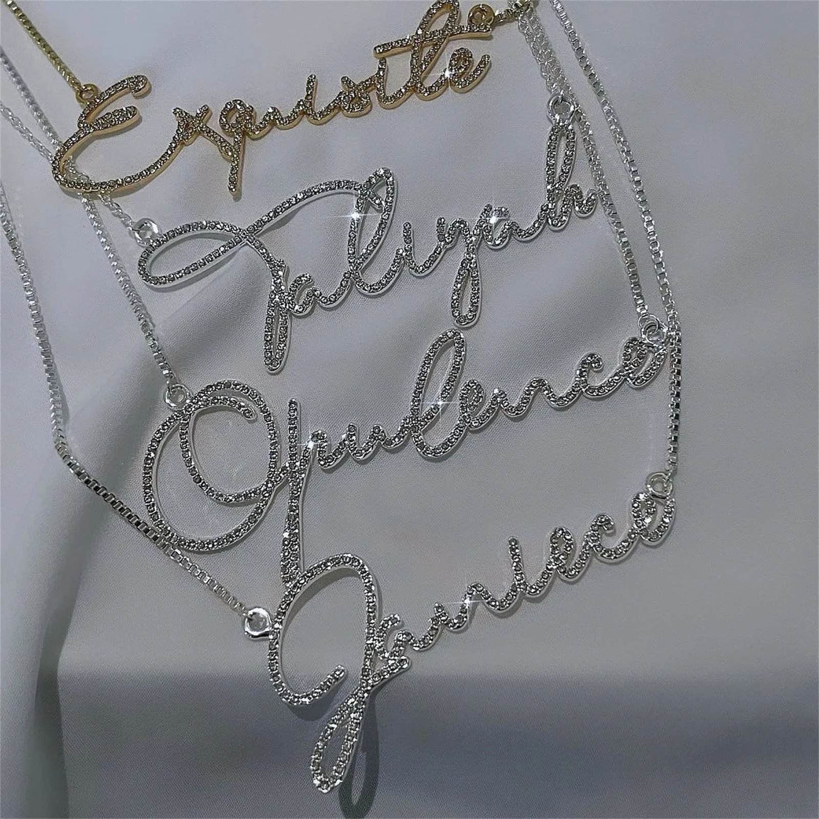 DHQH Personalized Customized Diamond Crystal Name Necklace Stainless Steel Gold Nameplate Sparkling Necklace Womens Gift 260302