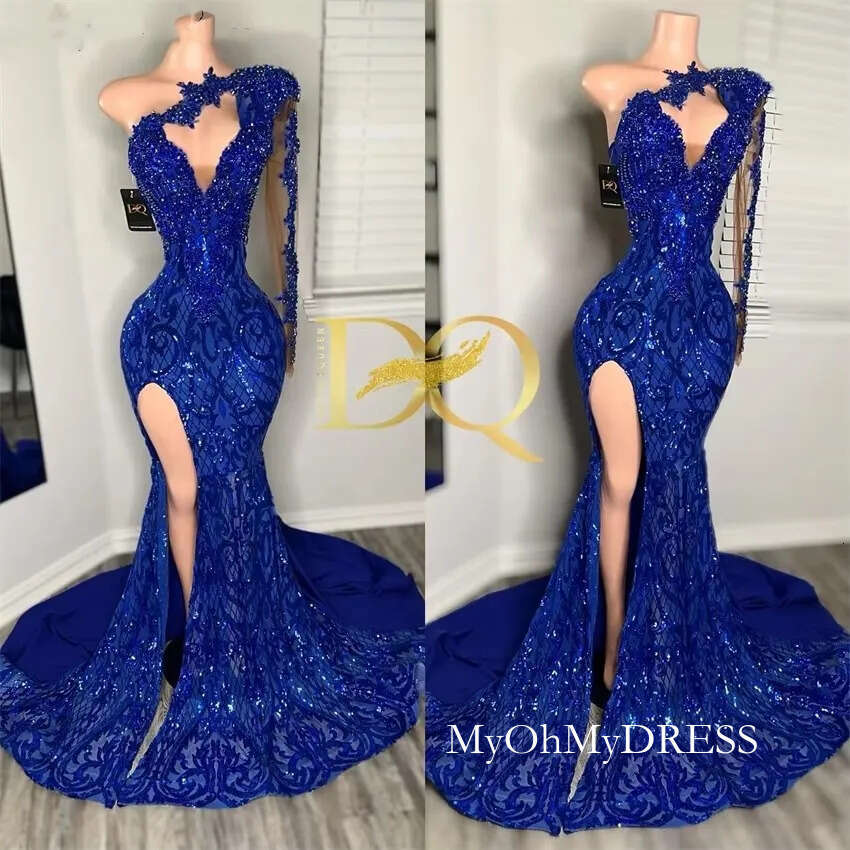 Glitter Royal Blue Mermaid Prom Dress Beading 2025 One Shoulder Senior Party Vestidos Birthday Gowns D0306