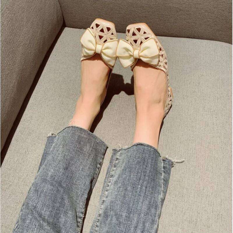 Women's Flat Sandals French Bowknot Hollow Out Breathable Low-Cut Square Toe Comfortable for Mom Summer Israel Hot Selling