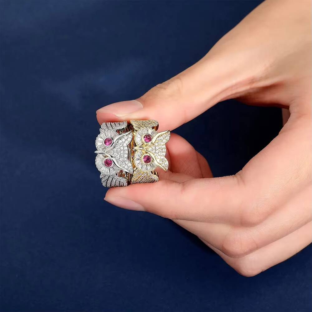New Owl Animal Rings High Quality Iced Out Brass Gold Plated Cubic Zircon Couple Finger Ring Hip Hop Fashion Personality Jewelry