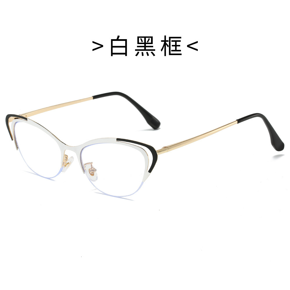 Cool Square Metal Cat-Eye Hollow Half-Rim Eyeglass Frame Anti-Blue Light New Two-Tone Non-Prescription Glasses