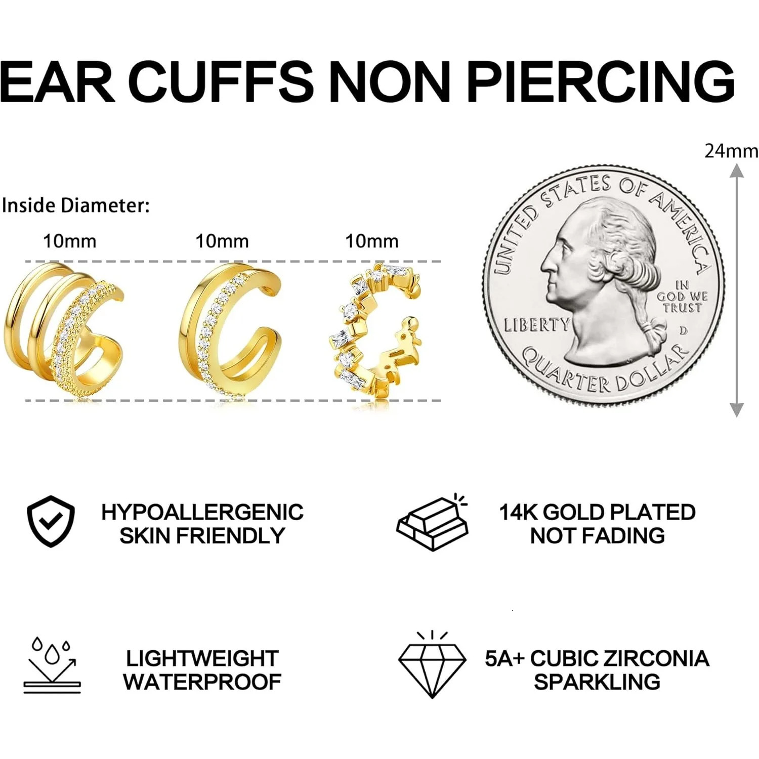 Bobisty 3PCS Ear Cuff Non-Piercing Earrings for Women Cute Clip-On Cartilage Earring 14K Gold Plated Dainty Piercing Earing 260303