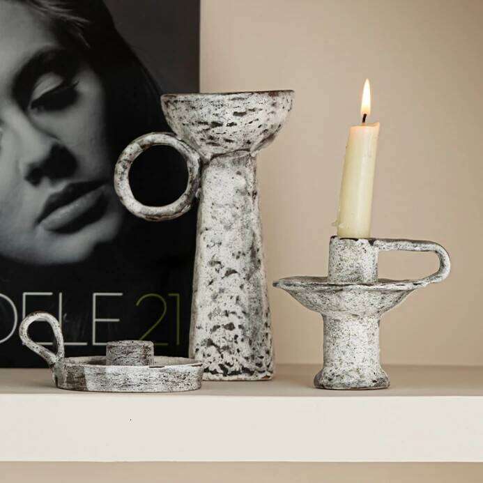 Light Luxury Hotel Villa Decoration Ceramic Material Handmade Candelabrum Wabi-Sabi Style ART Photographic Prop Candlestick XJ260305