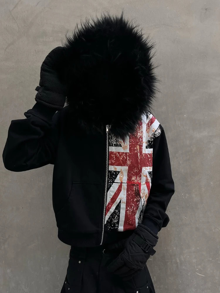Leather Collar National Flag Printed Zipper Sweatshirt Long Sleeve Pullover Hoodie Retro Jacket Street Y2K Haircoat 260303