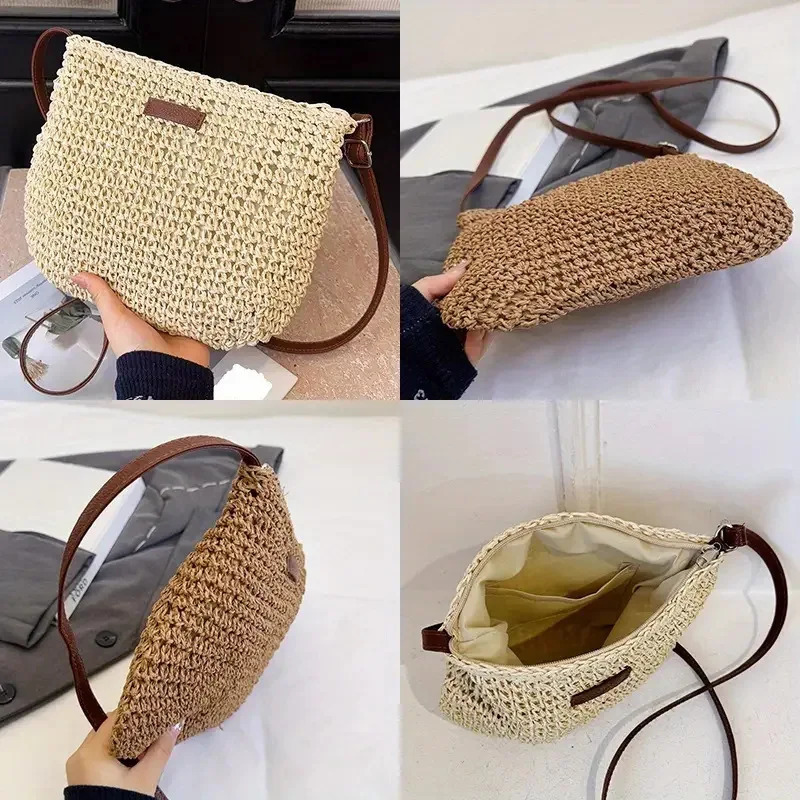 Straw woven bag single shoulder womens fashionable weaving ins style seaside beach crossbody bag for women 260303