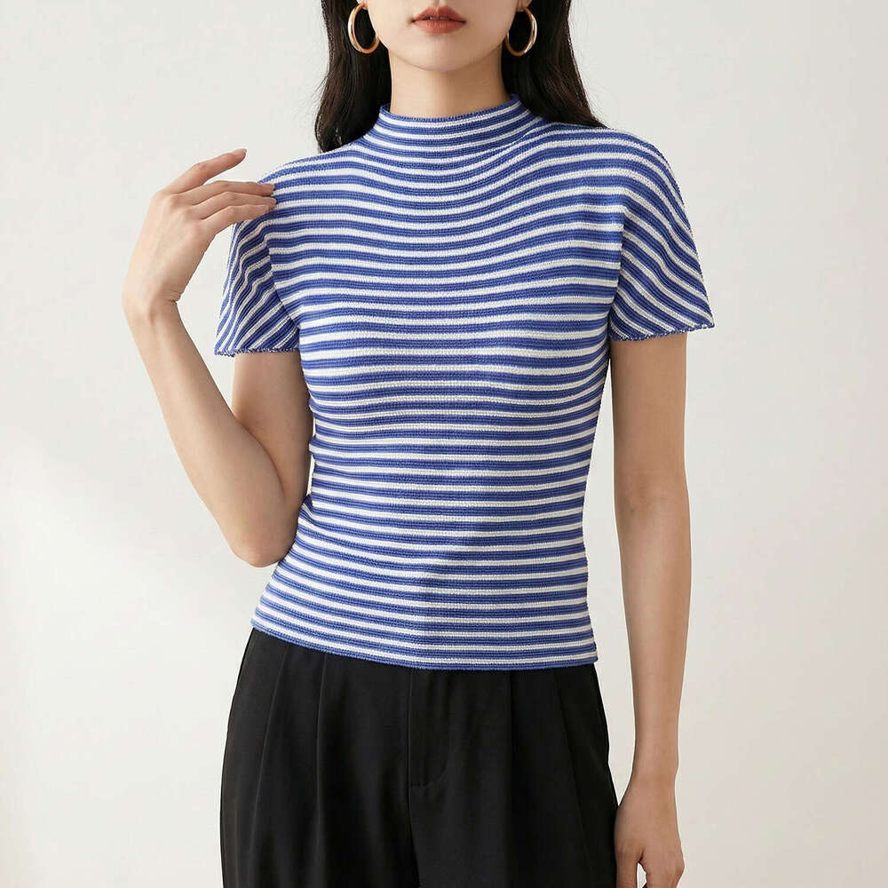 Miyake half-high collar pleated T-shirt for women, 2026 summer new short-sleeve slim-fit blue and white Designer striped top