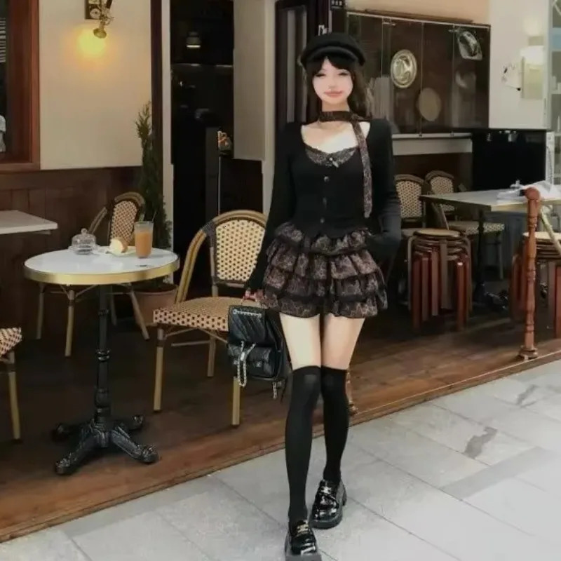 Y2k Sexy Retro Punk Set Women Suit Scarf Long Sleeve Top High Waist Slimming Cake Skirts Two-piece Set 260304