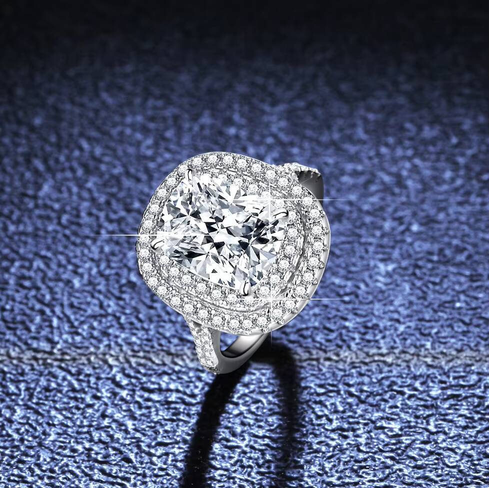 Fine S925 Sterling Silver Rhodium Plated Radiant Cut 4Carat VVS GRA Moissanite Halo Rings for Women Engagement Wedding Jewelry