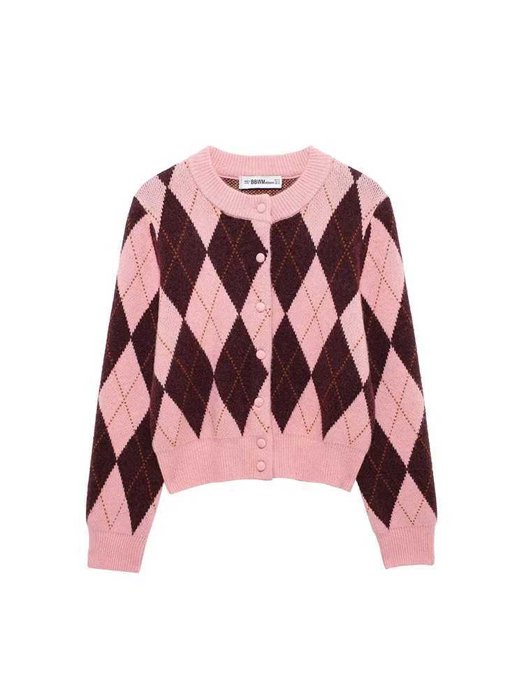 New Fall Winter 2024 Women Geometric Print Knitwear Vintage Ladies Crew Neck Long Sleeve Single Breasted Cardigan M260306