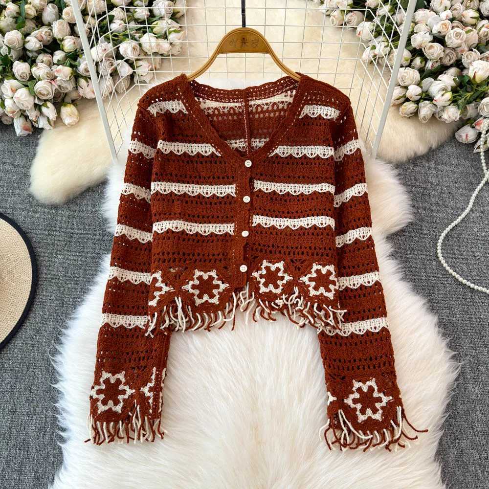 Embroidery Floral Crochet Knit Top with Tassel Long Sleeve Button-down Open-knit Cardigan Sweater Women Teen-girl Cute Outfit M260306
