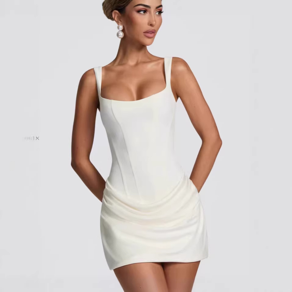 Basic & Casual Dresses Sexy Brown Wide Strap Pleated Hem Dresses Women's Sexy Sleeveless Slim Fit Chic Mini Gown 2026 New Lady Summer Holiday Par