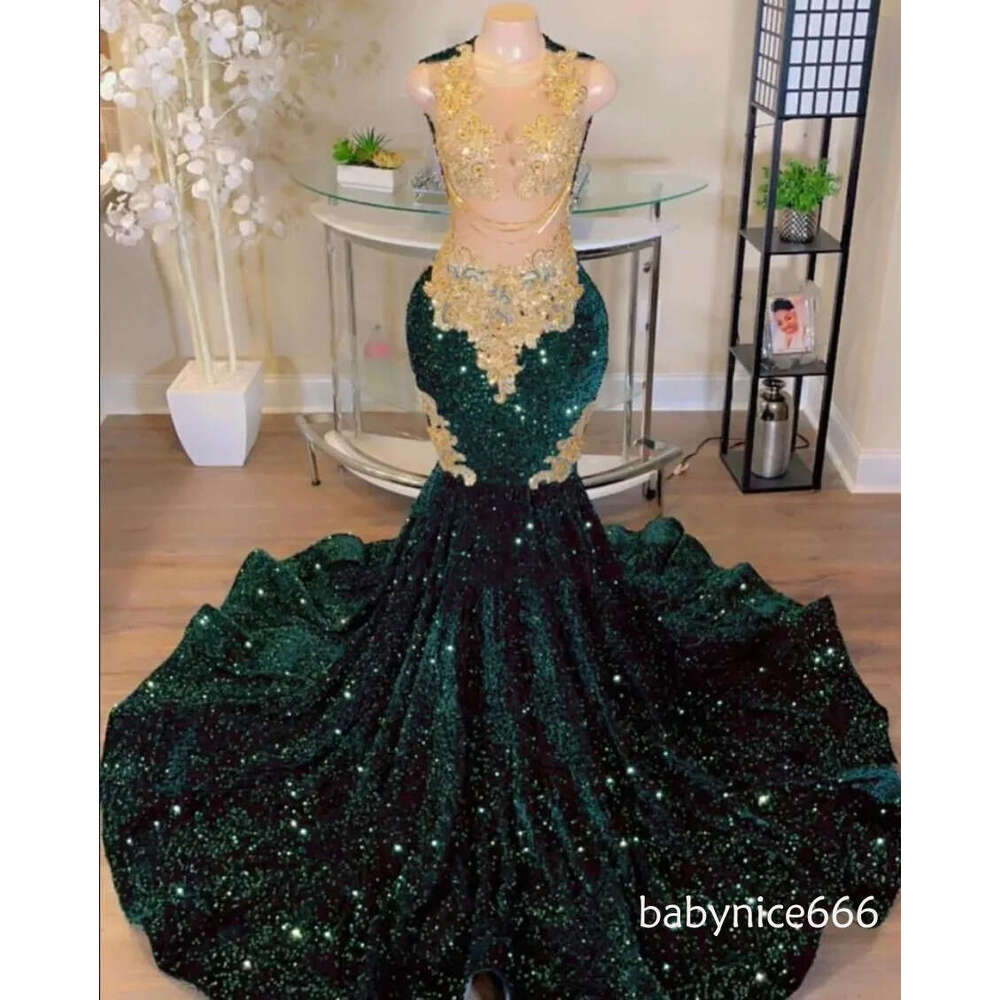 Arabic Aso Ebi emerald Green Evening Dresses sheer Lace velvet Beaded Mermaid Prom Reception Birthday Engagement Gowns M03