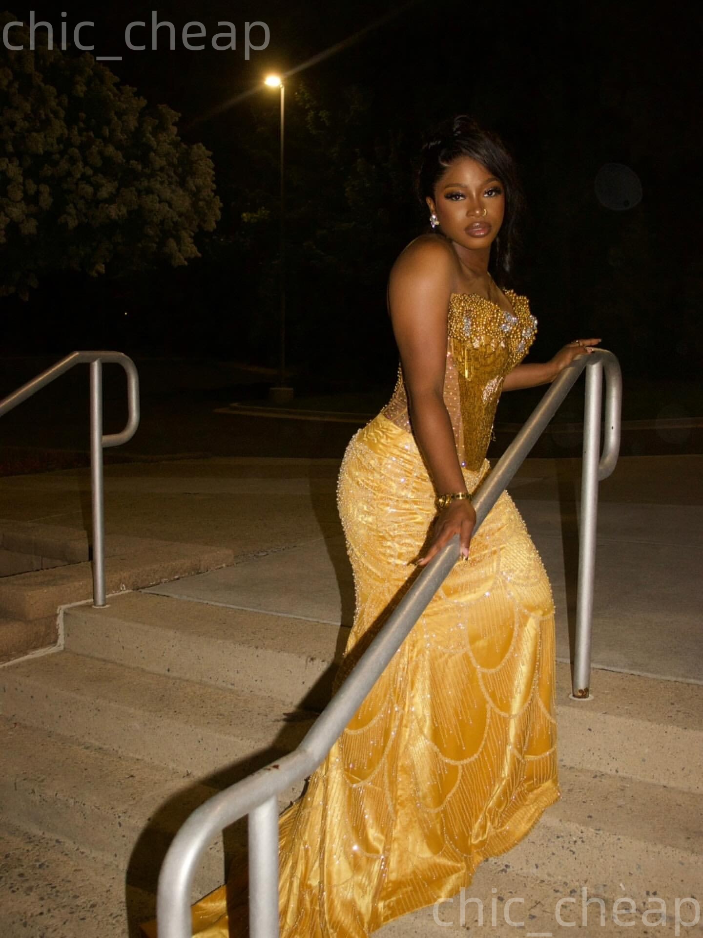 Aso Ebi Gold Prom Dress 2026 Mermaid Prom Dress Pearls Beaded Detachable Train Evening Dresses For Black Women Birthday Party Formal Receiption Gowns 