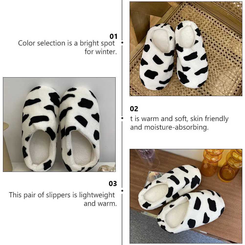 1 Pair Cow Pattern Warm Winter Slippers Black White Comfortable Lightweight Indoor Bedroom Shoes Slip-on Household Warm S260305