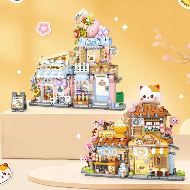 Creative Foldable Flower Shop Panda Cute Cat House Bear Takoyaki Mini Building Block Assembly Puzzle Toys For Kids Adults Gifts Z260305