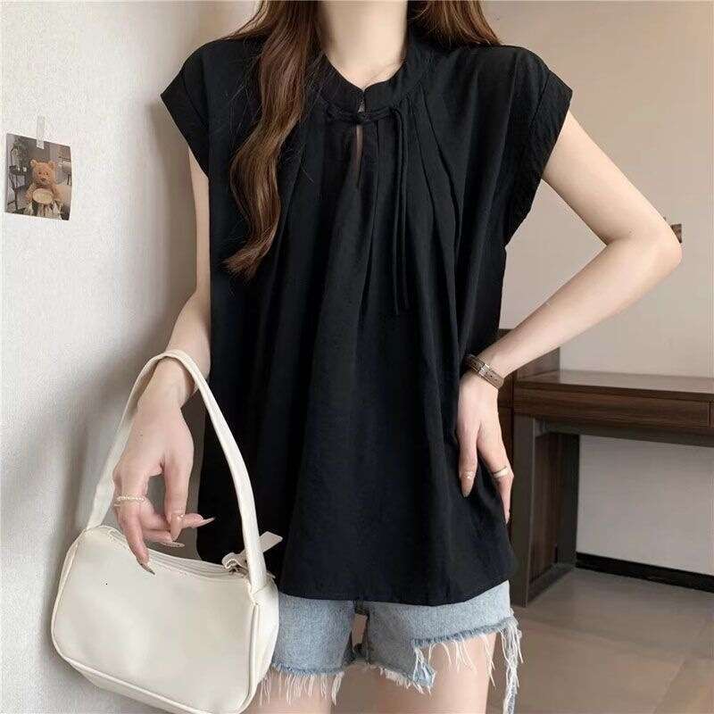 Loose Fit White ort Sve irt New Chinese Sle Women's Summer Top Zen Design Sensation National Trend Loose Upperwear