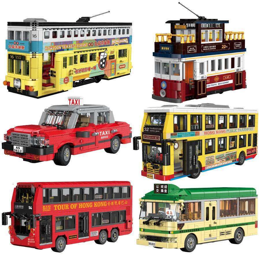 Classic Hong Kong Style Double Decker Bus Retro Model Building Block MOC City Car Toys Taxi Antique Tram Puzzle Brick Kids Gifts Z260305