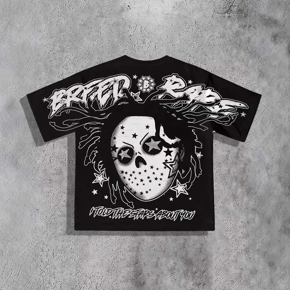 Cross-Border Temu Hot Sale Men's Summer Black Street Style Urban Art Loose Breathable Printed T-Shirt