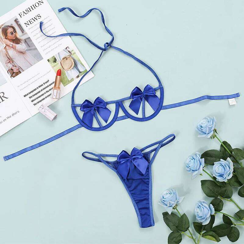 Fashion Lace Bra Panties Underwear Female Steel Ring Hollow Garters Sexy Bowknot Thong Lingerie Set Lenceria