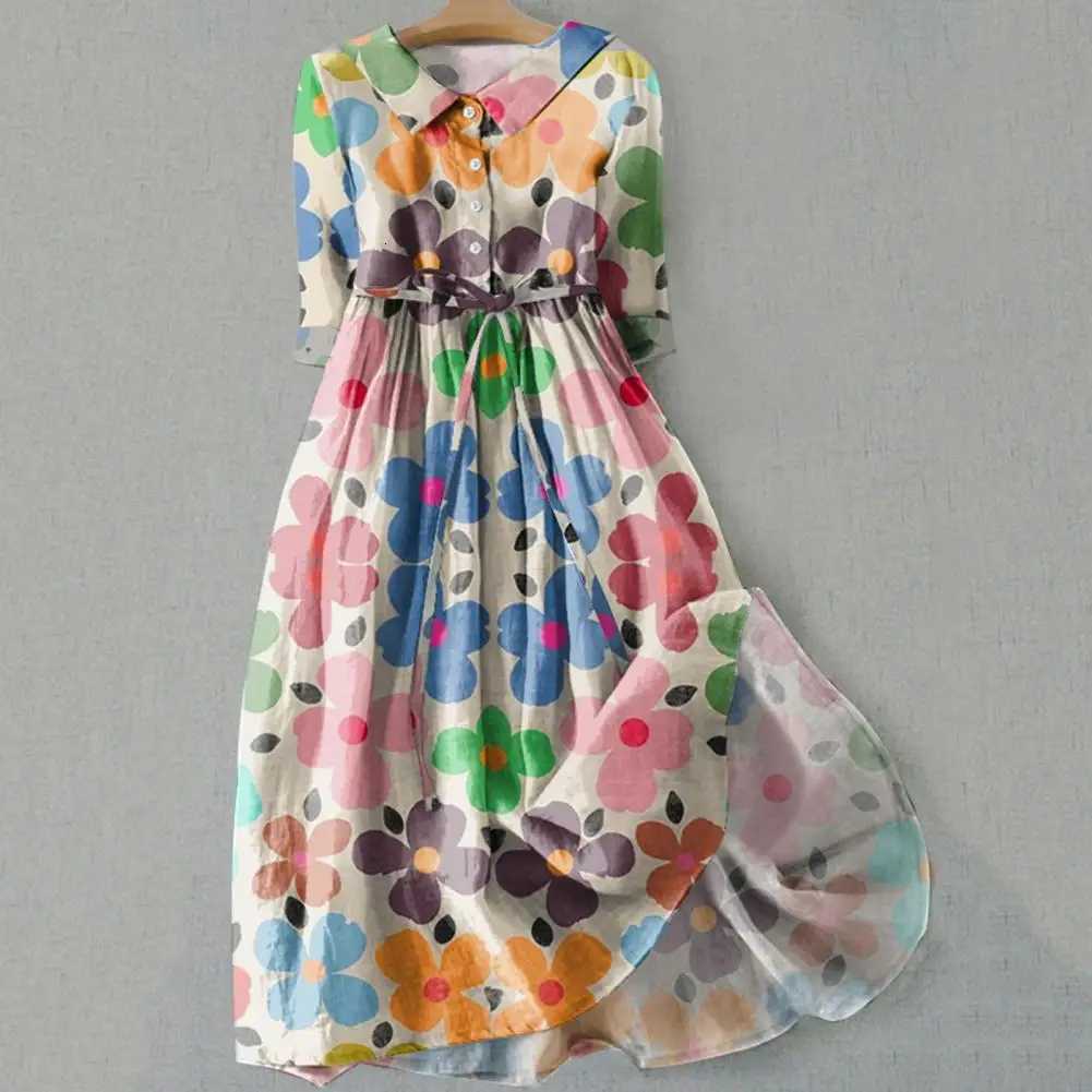 A-line Dress Bohemian Floral Print Midi Dress with Lace-up Detail A-line Silhouette for Women Spring Fashion Statement Women X260306
