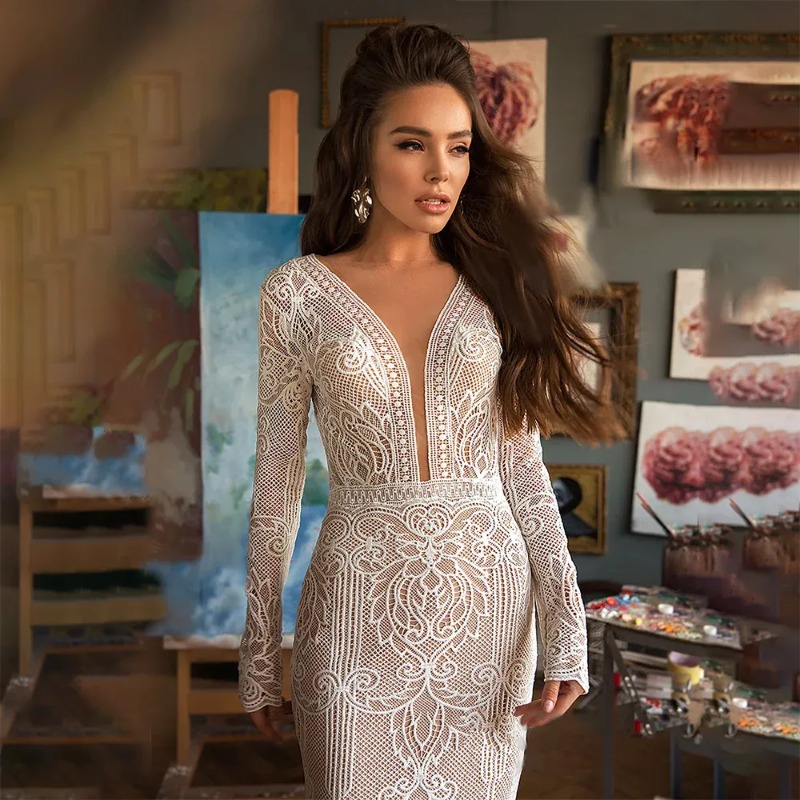 Customized Deep V Neck Lace Mermaid Wedding Dress Backless Long Sleeves Sweep Train Boho Bridal Gown Custom Made Bohemian