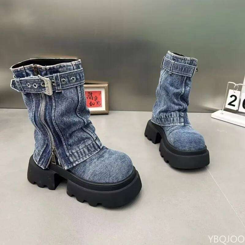 Spring and Autumn Fashion New Denim Thick Bottom Tall Short Belt Buckle Zipper Fake Two Piece Pants Women's Boots