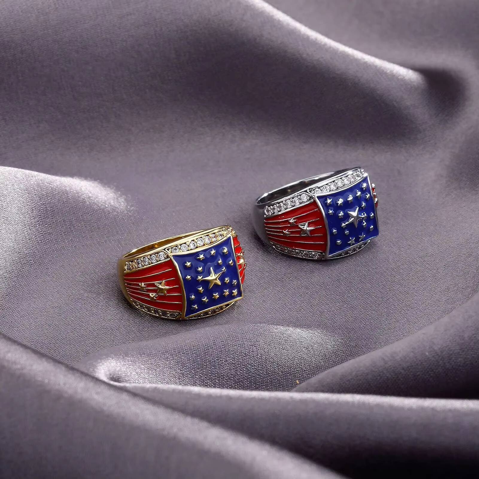 Wholesale Trendy Dripping Oil American Flag Style Rings Iced Out Cubic Zircon Ethnic Jewelry Silver Gold Color USA Flag Men Ring