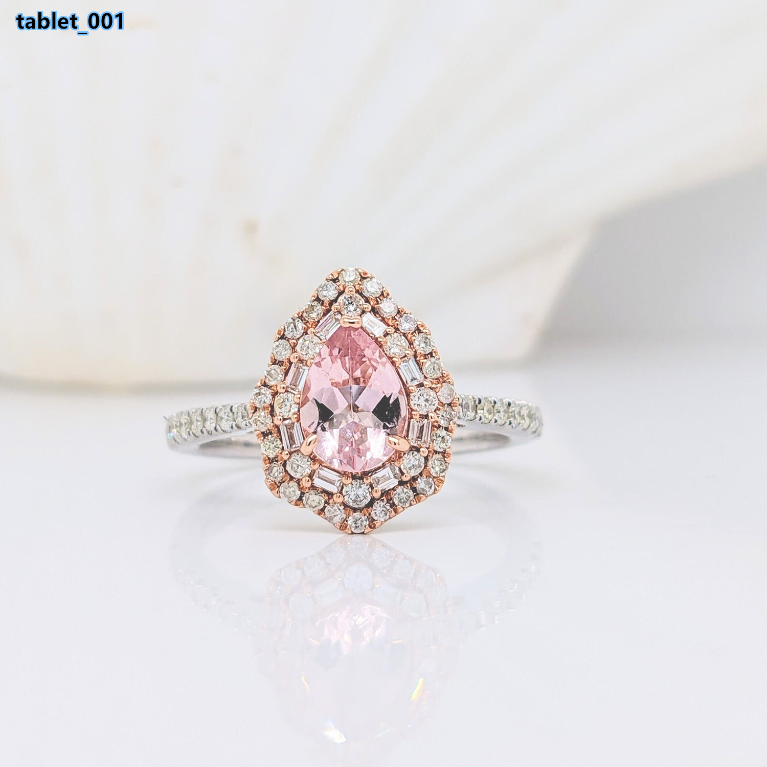 Pink Morganite 14K White Gold Classic Engagement Wedding Ring with Pear Cut 7x5mm Baguette and Round Diamonds