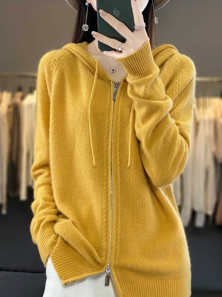 Autumn Winter 100 Merino Wool Sweater Cardigan Womens Hooded Zippers Raglan Sleeve Cashmere Knitwear Casual Chic Clothing Tops M260306