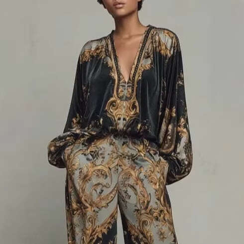 Women Early Spring Retro V Neck Korean Velvet Printed Two Piece Suit Elegant Holiday Vacation Outfit Fashion Casual Ladies Matching Set