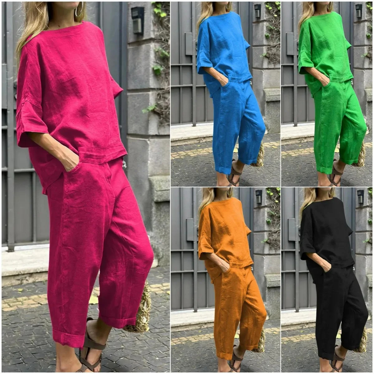 S-5XL Summer Womens 2-piece Plus-size Cotton and Linen Shirt High-waisted Pant Suit 2 Piece Sets Womens Outfits 260305