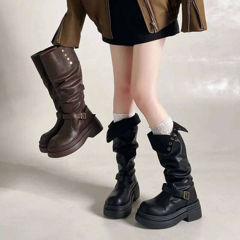 Women's Two-Way Foldable Knee-High | Thick-Soled Retro Punk Biker Boots with Buckle Straps