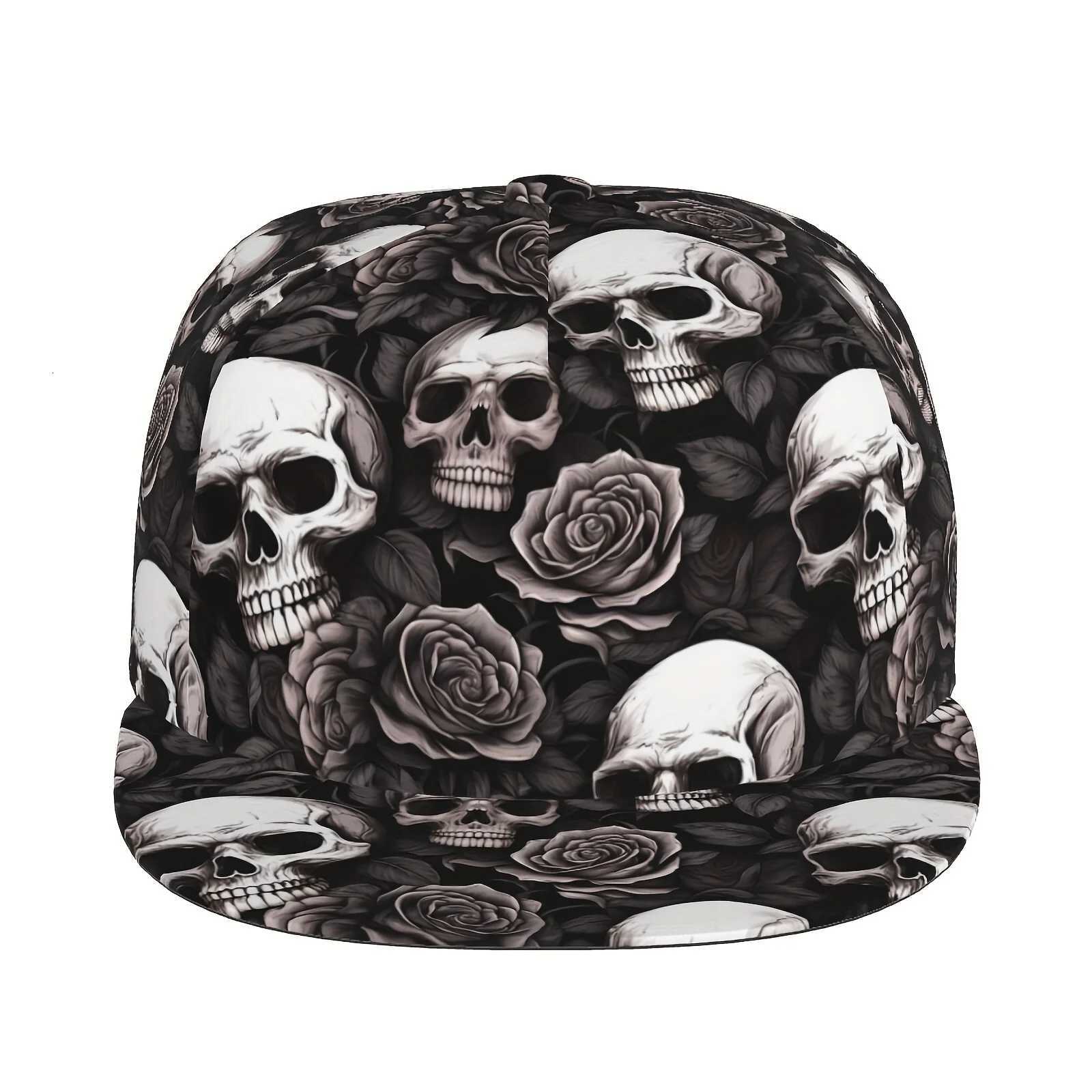 Cool Hippie Flat Brim Baseball Cap Gothic Skull Rose Print Punk Snapback Hat For Casual Leisure Outdoor Dance Skate Boarding S260306