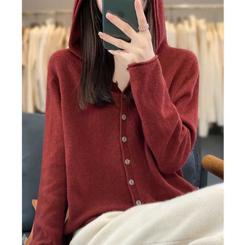 Hooded Cashmere Cardigan 100 Merino Wool Womens Hooded Sweater Cardigan Solid Color Warm Loose Knit Top M260306