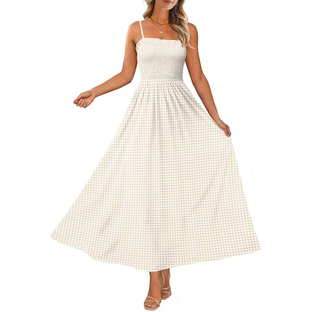 Womens Spaghetti Strap Maxi Dresses Smocked with Designer Pockets 2026 Summer Spring Casual Boho Beach Long Sundresses
