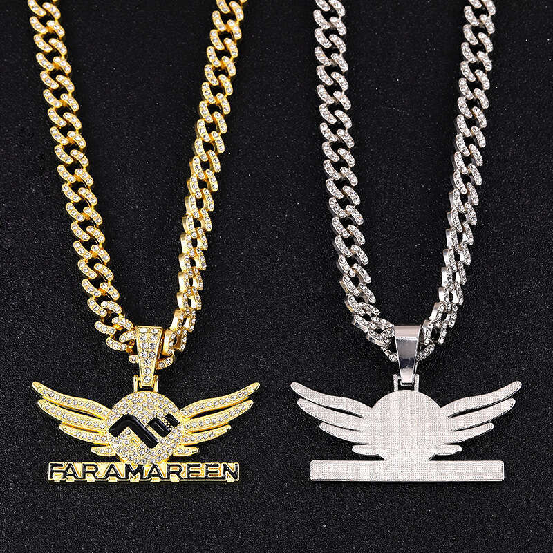Diamond-encrusted wings, exaggerated necklace with letter pendant, high-quality electroplated Cuban color-retaining, light luxury collarbone chain, wh