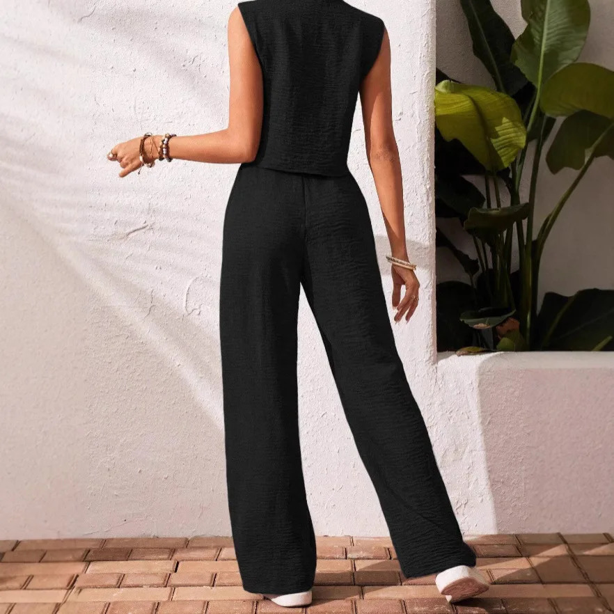Summer Cotton Linen Women V-Neck Vest Front Button Vest Trousers Casual Suit Women Short Vest Top Pants Two Peice Set 260304