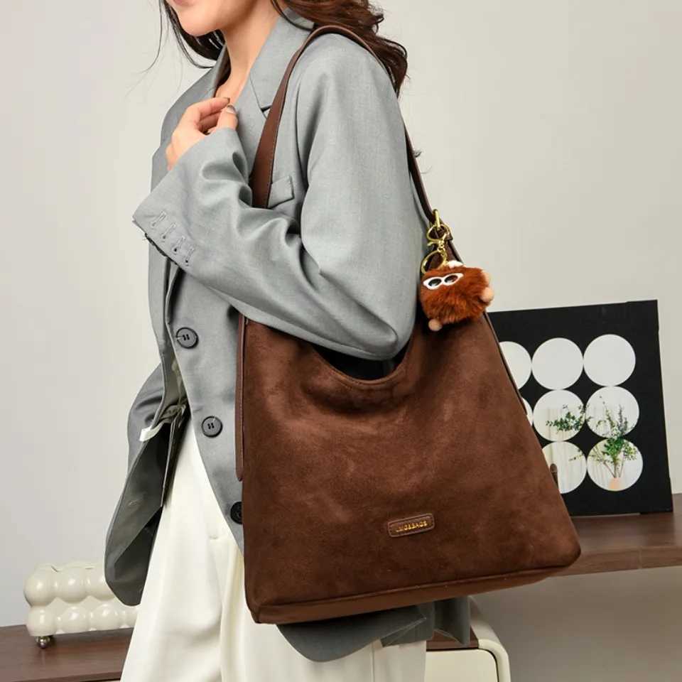 Genuine Womens Top Quality Suede Hobo Bag Large Capacity Shoulder Bag with Pom Charm Fits A4 Tablet for Daily Use 2026 H260306