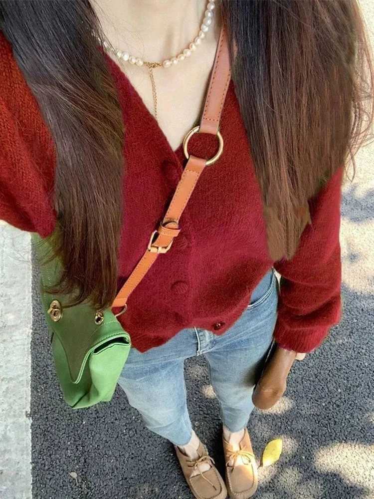 Spring Autumn Vintage Green Knitted Sweater Womens Lazy Style Single Breasted Cardigan Coat Soft V-neck Long Sleeved Top M260306