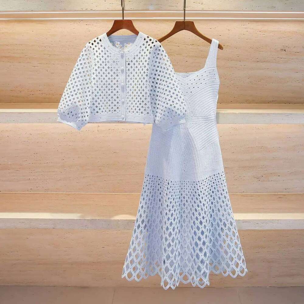Stylish Openwork Mesh Rhinestone Embellished Slip Dress + Cardigan Mdng260306