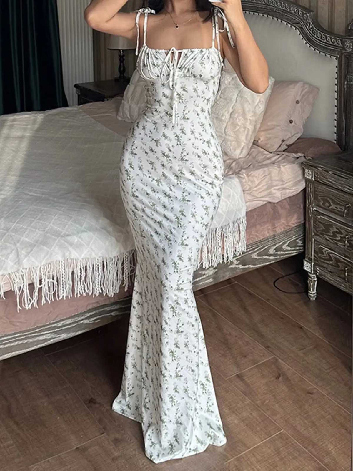 2025 Summer Floral Midi Dress Women Spaghetti Strap Tie-up V-neck Split Dress Sexy Vintage Elegant Dresses Female X260306
