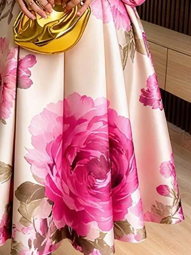 Stylish Womens Flower Printed Stand Collar Elegant Evening Maxi Dresses 2026 New Puff Sleeves Loose Pleated Party A-Line Dress X260306