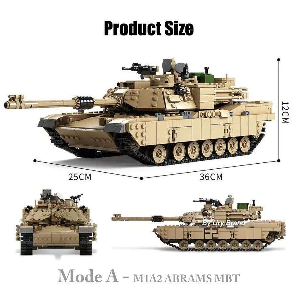 2in1 WW2 Military M1A2 Abrams MBT Tank Model Army Cannon Chariot Set Soldier Figures DIY Building Blocks Toys for Boys Kids Gift Z260306