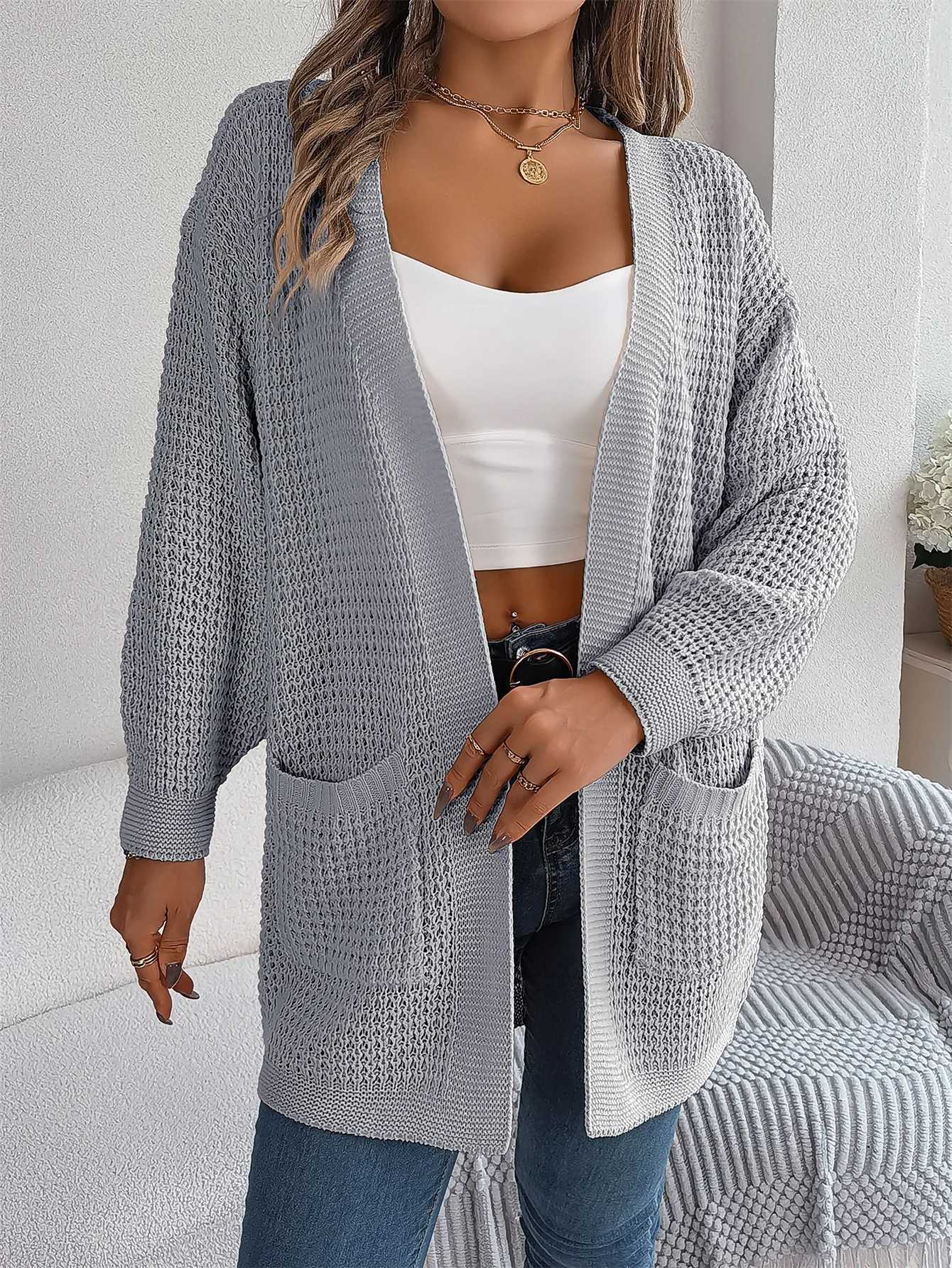 Womens Solid Pocket Long Sleeve Cardigan Sweater - Casual Loungewear for Fall Winter Vacation M260306