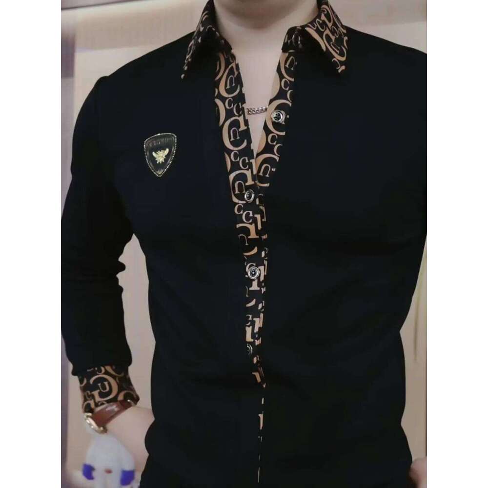 New Men's Light Luxury Handsome Lapel Long Sleeve Korean Version Fake Two Pieces Casual Slim Fit Business Social Shirt