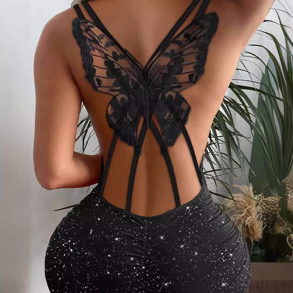 2026 European American cross-border fashion dress with butterfly cutout on the back and glittery elastic fabric