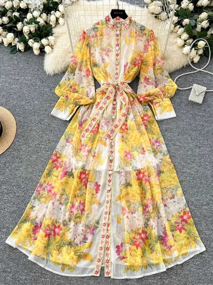 Spring France Elegant Vintage High End Evening Dress Women Sashes Print Button Long Party Dress Female Casual Holiday Clothing X260306
